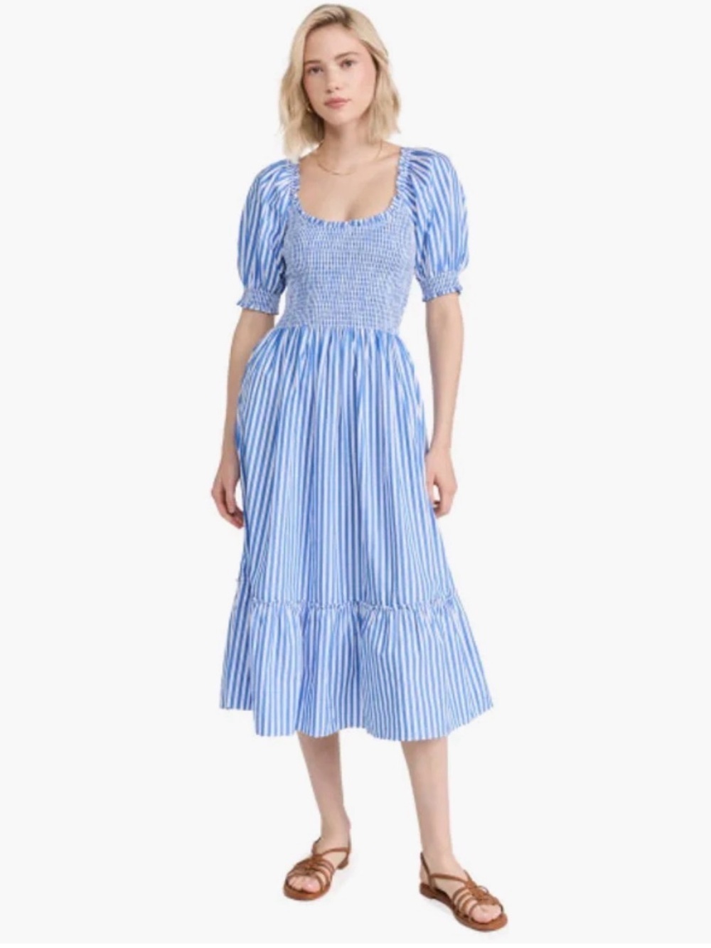 Hill House Blue & White Striped Smocked Midi Dress